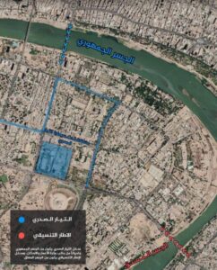 خريطة توضح منطقة دخول جمهور التنسيقي والتيار الصدري ومنطقة سيطرة المتظاهرين