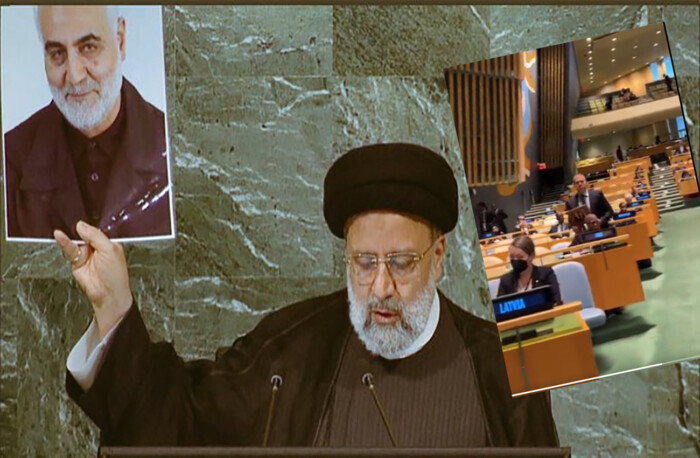 الوفد الإسرائيلي ينحسب من الجلسة الأممية بعد رفع رئيسي اثناء خطاب له صورة لسليماني