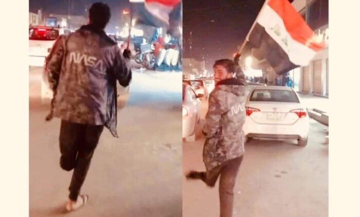 شاب يركض بساق واحدة بعلم العراق بعد تتويج اسود الرافدين بكأس الخليج