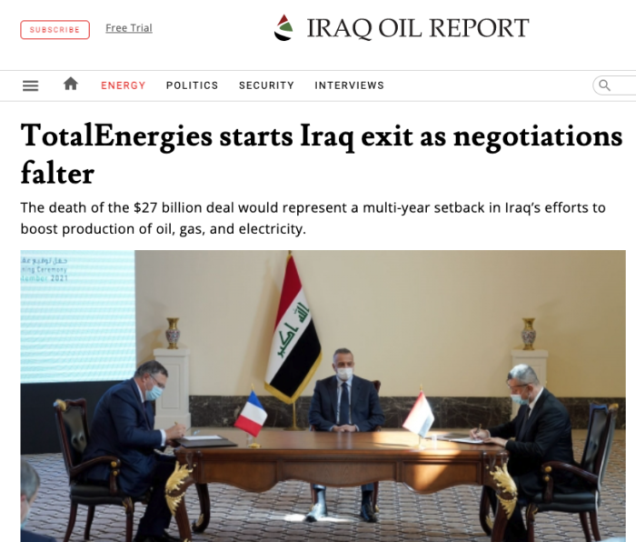 توتال تسحب موظفيها من العراق بعد فشل التفاوض مع بغداد حول صفقة بـ 27 مليار دولار
