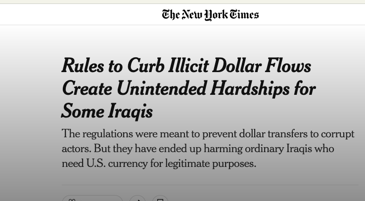 نيويورك تايمز: شحة بالدولار في العراق.. والمواطن هو الضحية لا تجار العملة