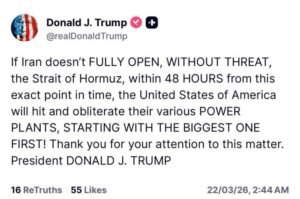 ترامب: إذا لم تفتح إيران مضيق هرمز خلال 48 ساعة سندمر محطات الطاقة لديها