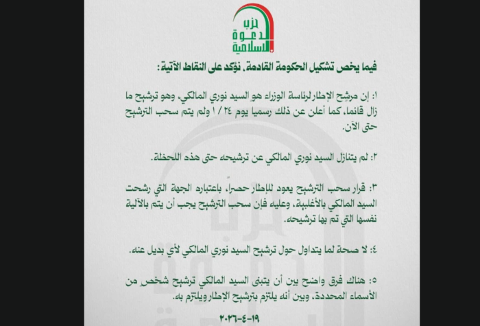 حزب الدعوة الاسلامية: ترشيح المالكي لرئاسة الحكومة لا يزال قائما ولا يوجد بديل