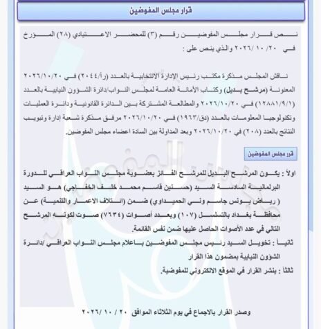 استبدال نائب بغداد حسنين الخفاجي بالمرشح رياض الحميداوي من ائتلاف الاعمار والتنمية